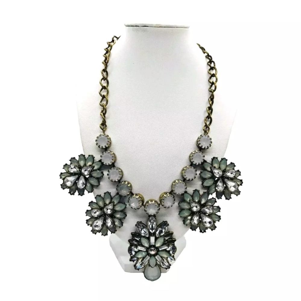 Beautiful Women's Statement Necklace Clear and Light Green Rhinestones